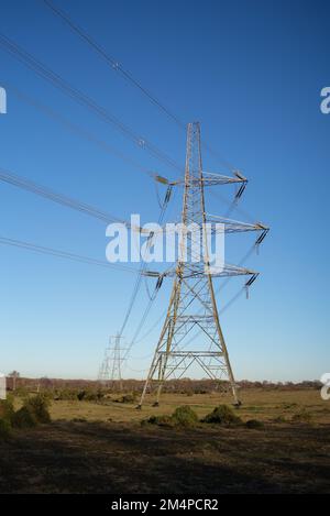 Electricity pylons or Lattice Towers situated in the countryside of Plaitford Common near the New Forest Hampshire England. Stock Photo