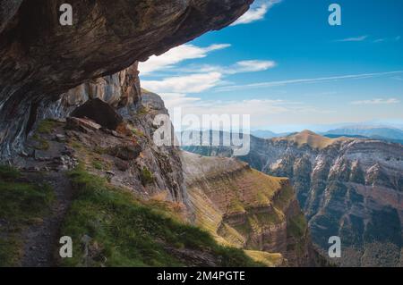 A landscape of Faja de las Flores hiking path in Valle Ordesa in Spain with blue sky Stock Photo