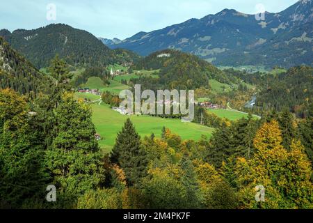View of Tiefenbach and Illertal, autumn forest, Oberstdorf, Allgaeu Alps, Upper Allgaeu, Allgaeu, Bavaria, Germany Stock Photo