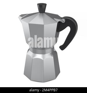 Italian geyser coffee maker a la moka on white background. 3d render of coffee pot for making espresso coffee Stock Photo