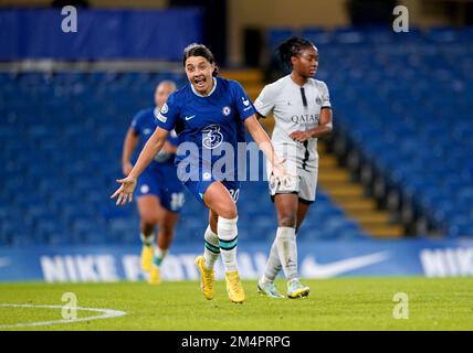 Chelsea's Sam Kerr celebrates scoring their side's first goal of the game during the UEFA Women's Champions League Group A match at Stamford Bridge, London. Picture date: Thursday December 22, 2022. Stock Photo