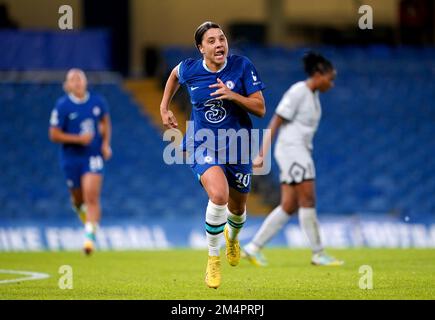 Chelsea's Sam Kerr celebrates scoring their side's first goal of the game during the UEFA Women's Champions League Group A match at Stamford Bridge, London. Picture date: Thursday December 22, 2022. Stock Photo