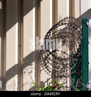 Barbed wire twisted into a roll is attached to a fence. A beige wall of an industrial building can be seen in the background. Stock Photo
