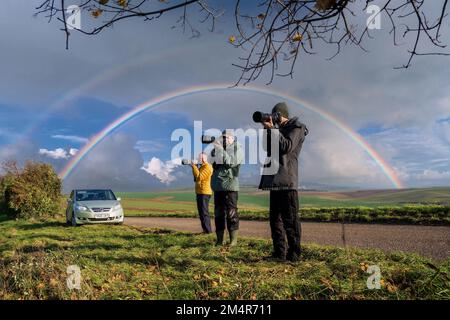 Kyjov, South Moravia, Czech Republic - November 4, 2014: Landscape professional photographers with large lenses take pictures Stock Photo