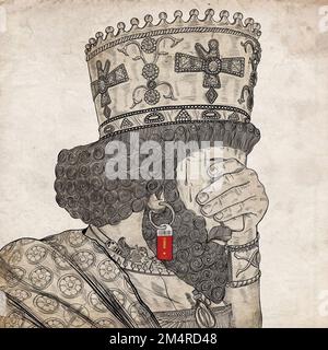 A surreal artwork of a Byzantine emperor crying with an earring with a "CHINA" label Stock Photo