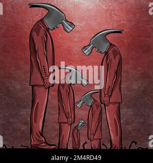 An illustration of people with hammer heads - the concept of social status and hierarchy Stock Photo