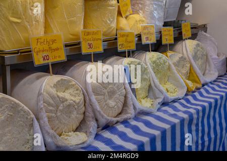 Types of village cheeses sold in the public market in Turkey. Tulum cheeses... Stock Photo