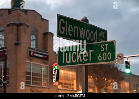 Close up of the Glenwood Avenue and Tucker Street road signs in Raleigh, North Carolina. Stock Photo