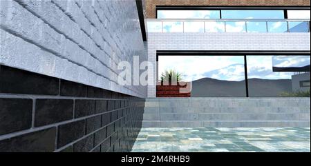 Black and white colored brick tile as a trending finishing material for the walls of the contemporary real estate. 3d rendering. Stock Photo