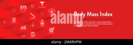 BMI or Body Mass Index Icons w Web Header Banner- scale, indicator, and calculator, etc Stock Vector