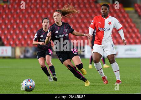 Marjolen Wafula Nekesa of Slavia (left) celebrates goal during the final  round of women Champions