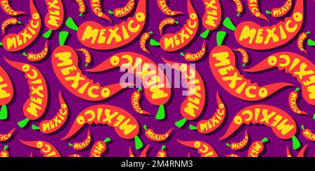 Red hot jalapeno pepper. chili pepper symbol of mexican cuisine. The inscription Mexico on the background of chili peppers. seamless pattern Stock Vector