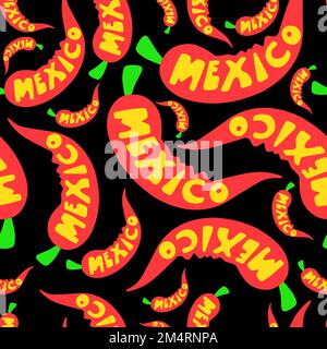 Red hot jalapeno pepper. chili pepper symbol of mexican cuisine. The inscription Mexico on the background of chili peppers. seamless pattern Stock Vector