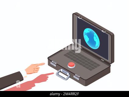 Hand of Commander in Chief or Politician before press the Red Button Nuclear Briefcase. Stock Vector