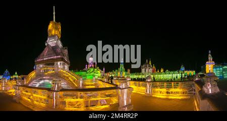 (FILE) Ice lanterns at the Ice and Snow World in Harbin, Heilongjiang province, China, February 20, 2013. Stock Photo