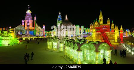 (FILE) Ice lanterns at the Ice and Snow World in Harbin, Heilongjiang province, China, February 20, 2013. Stock Photo