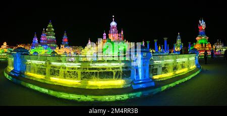 (FILE) Ice lanterns at the Ice and Snow World in Harbin, Heilongjiang province, China, February 20, 2013. Stock Photo