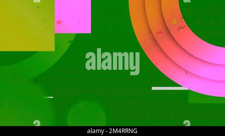 Green and blue background with multicolored geometric shapes. Motion.Multicolored ovals and rectangles in animation appear on a simple monochrome back Stock Photo