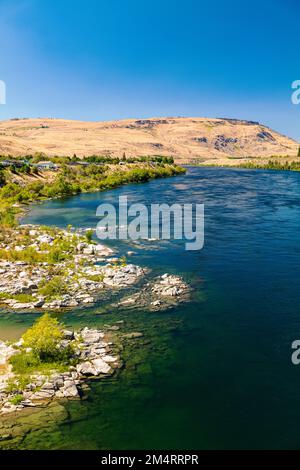 Columbia River, outflow of Chief Joseph Dam; second largest producer of hydroelectric power in USA; Washington state; USA Stock Photo