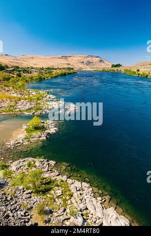 Columbia River, outflow of Chief Joseph Dam; second largest producer of hydroelectric power in USA; Washington state; USA Stock Photo