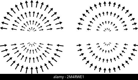 Arrows pointing inside and outside. Hemispheres, epicenter, target, radar concept. Inward and outward arrows. Stock Vector