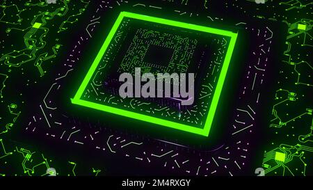 Neon Computer Chip Animation with large 3D computer chip. Motion. Neon computer chip with ...