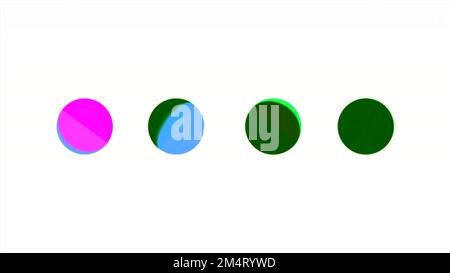 Row of dots changing color. Motion. Four circles with moving color parts. Simple animation with dots changing colors on white background. Stock Photo