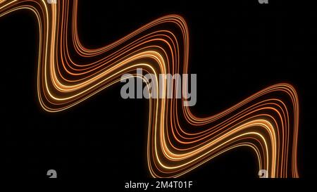 Wavy stripe with moving neon lines. Design. Wavy line moves diagonally on black background. Not new lines are moving in wavy stream. Stock Photo