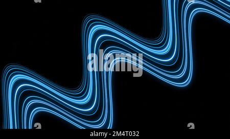 Wavy stripe with moving neon lines. Design. Wavy line moves diagonally on black background. Not new lines are moving in wavy stream. Stock Photo
