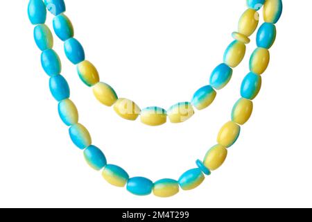 chain or necklace made of light blue and yellow color beads, string of plastic beads isolated on white background, beauty,jewelry or accessory concept Stock Photo