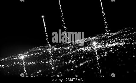 Cinematic monochrome moving particles with flying shapes. Motion. Universe dust with stars background Stock Photo