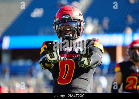 Ferris State Bulldogs Jacarvis Alexandre (0) during warmups for the NCAA Division II national championship college football game, at McKinney ISD Stad Stock Photo