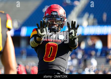 Ferris State Bulldogs Jacarvis Alexandre (0) during warmups for the NCAA Division II national championship college football game, at McKinney ISD Stad Stock Photo