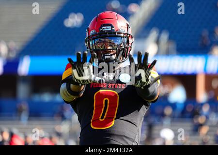 Ferris State Bulldogs Jacarvis Alexandre (0) during warmups for the NCAA Division II national championship college football game, at McKinney ISD Stad Stock Photo