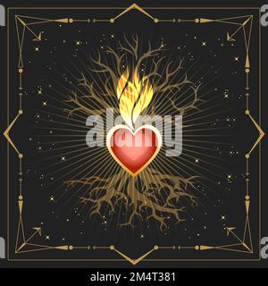 Emblem of Flaming Heart and Tree Medieval Astrological Emblem isolated on black background. Vector Illustration Stock Vector