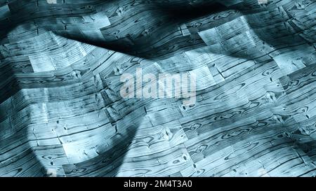 Stretched turquoise material with the pattern of wooden planks. Motion. Movement of shapes under flexible material Stock Photo