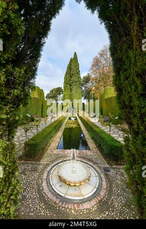 Beautiful Scenery of the Garden at Alhambra Palace in Granada, Spain. Stock Photo