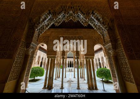 Granada, Spain - Nov 29, 2021: Courtyard of the Lions in the Alhambra palace - masterpiece of moorish architecture (14th century). Stock Photo