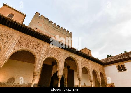 Granada, Spain - Nov 29, 2021: Intricate details of the Alhambra in Granada, Spain in Andalucia. Stock Photo