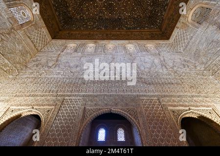 Granada, Spain - Nov 29, 2021: Intricate details of the Alhambra in Granada, Spain in Andalucia. Stock Photo