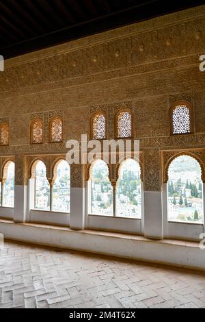 Granada, Spain - Nov 29, 2021: Intricate details of the Alhambra in Granada, Spain in Andalucia. Stock Photo