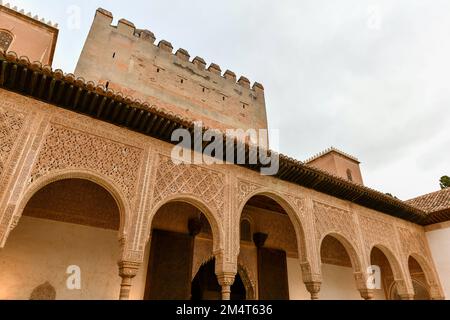 Granada, Spain - Nov 29, 2021: Intricate details of the Alhambra in Granada, Spain in Andalucia. Stock Photo