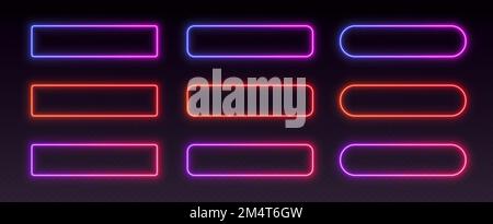 Neon frames, gradient glowing borders, isolated UI action buttons Stock Vector