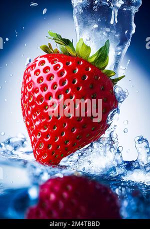 A fresh strawberry on ice Macro shot raspberry berry shot Detail fresh food falling down delicious ice Stock Photo