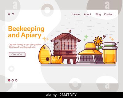 Apiary and Bee Keeping Web Banner in Line Art Stock Vector