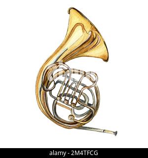 French horn brass musical instrument watercolor illustration on white background. Double horn orchestra woodwind instrument hand drawn. Element for de Stock Photo