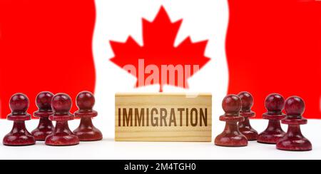 national concept. Against the background of the flag of Canada, pawns and a sign with the inscription - immigration Stock Photo