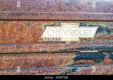 A Chevrolet emblem on the rusty side of an antique pickup truck in Nevada, USA Stock Photo