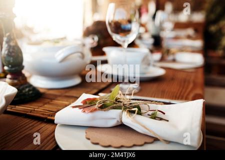 Dressing the table should be fun. a dining table all laid out for Thanksgiving lunch. Stock Photo