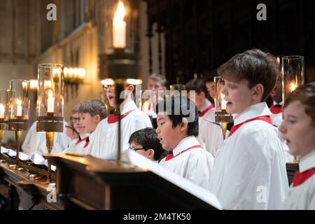 Choristers from the Choir of King's College, Cambridge, during a final rehearsal at King's College Chapel ahead of the Festival of Nine Lessons and Carols. Picture date: Thursday December 22, 2022. Stock Photo